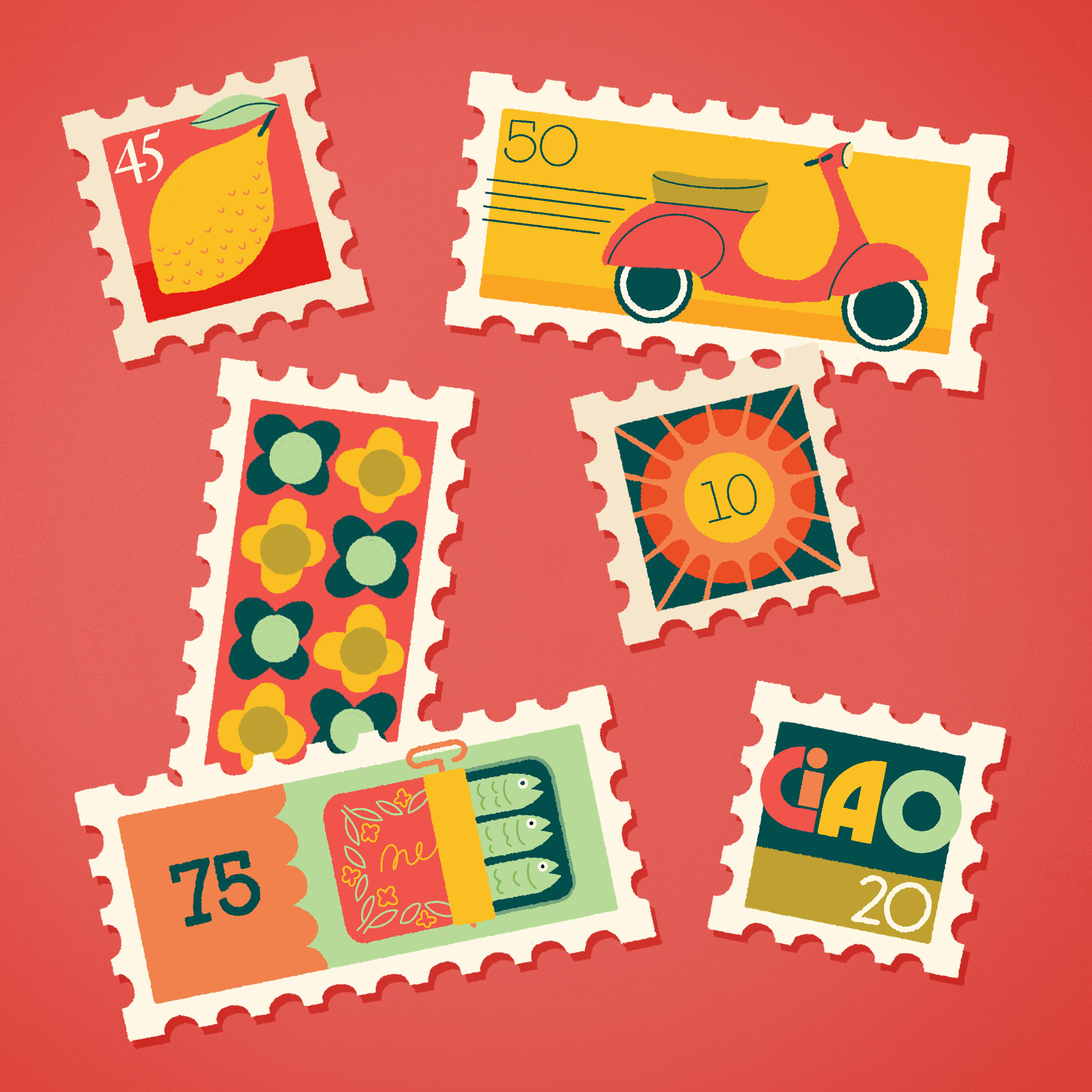 Set of Italian-themed stamps